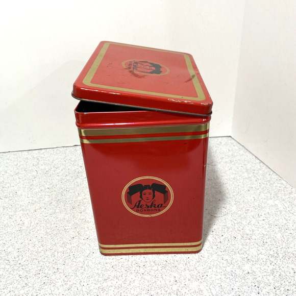 Vintage Rachengold Hustenbonbons tin red & gold hinged lid Aeska Bonbons kitchen - Picture 10 of 11